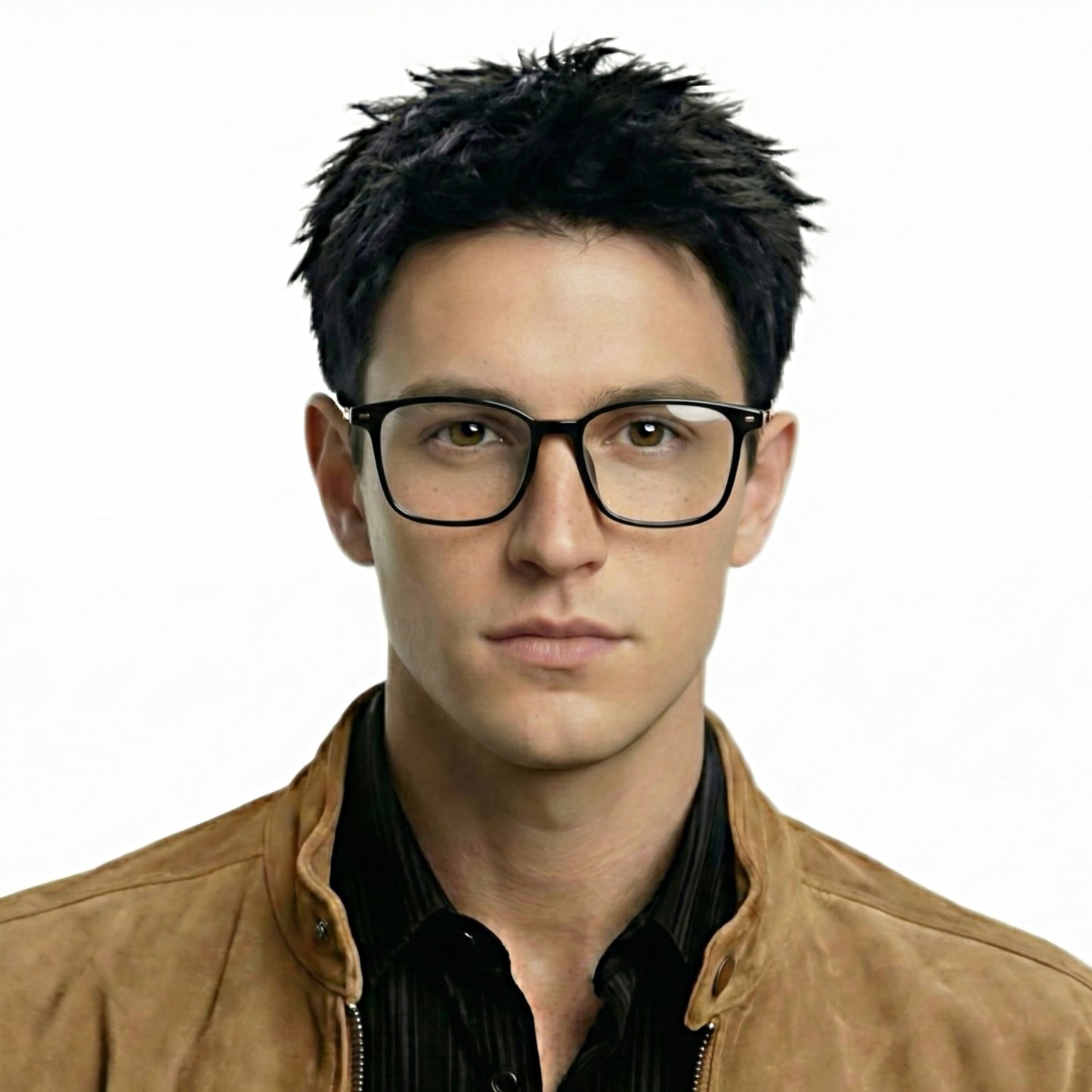 Fold titanium square glasses worn by model