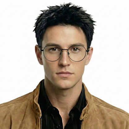 Arc titanium oval glasses worn by model