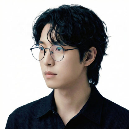 Matter titanium round glasses worn by model