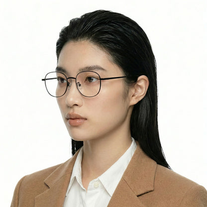 Origin titanium square glasses worn by model