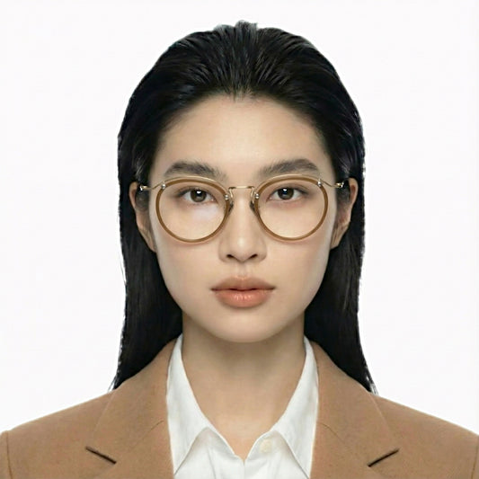 Layeron titanium round glasses worn by model