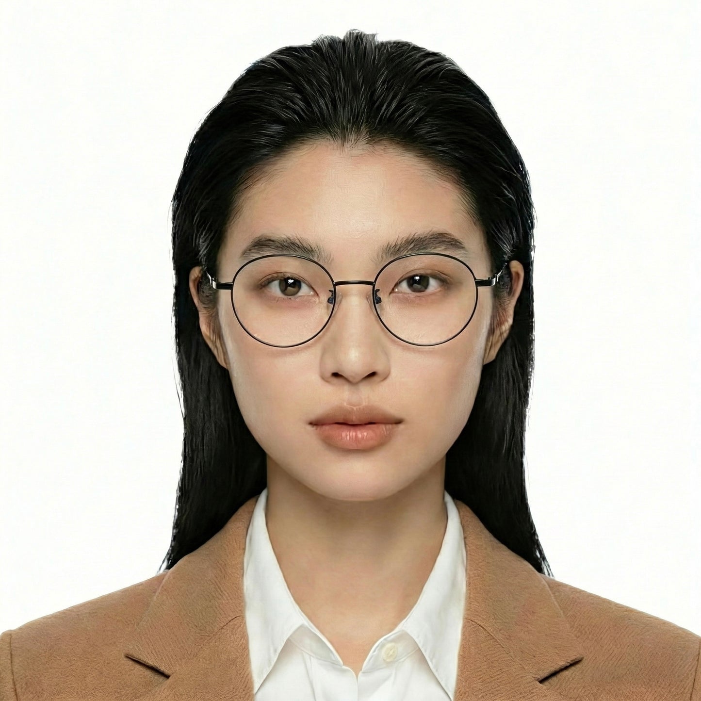 Core titanium round glasses worn by model