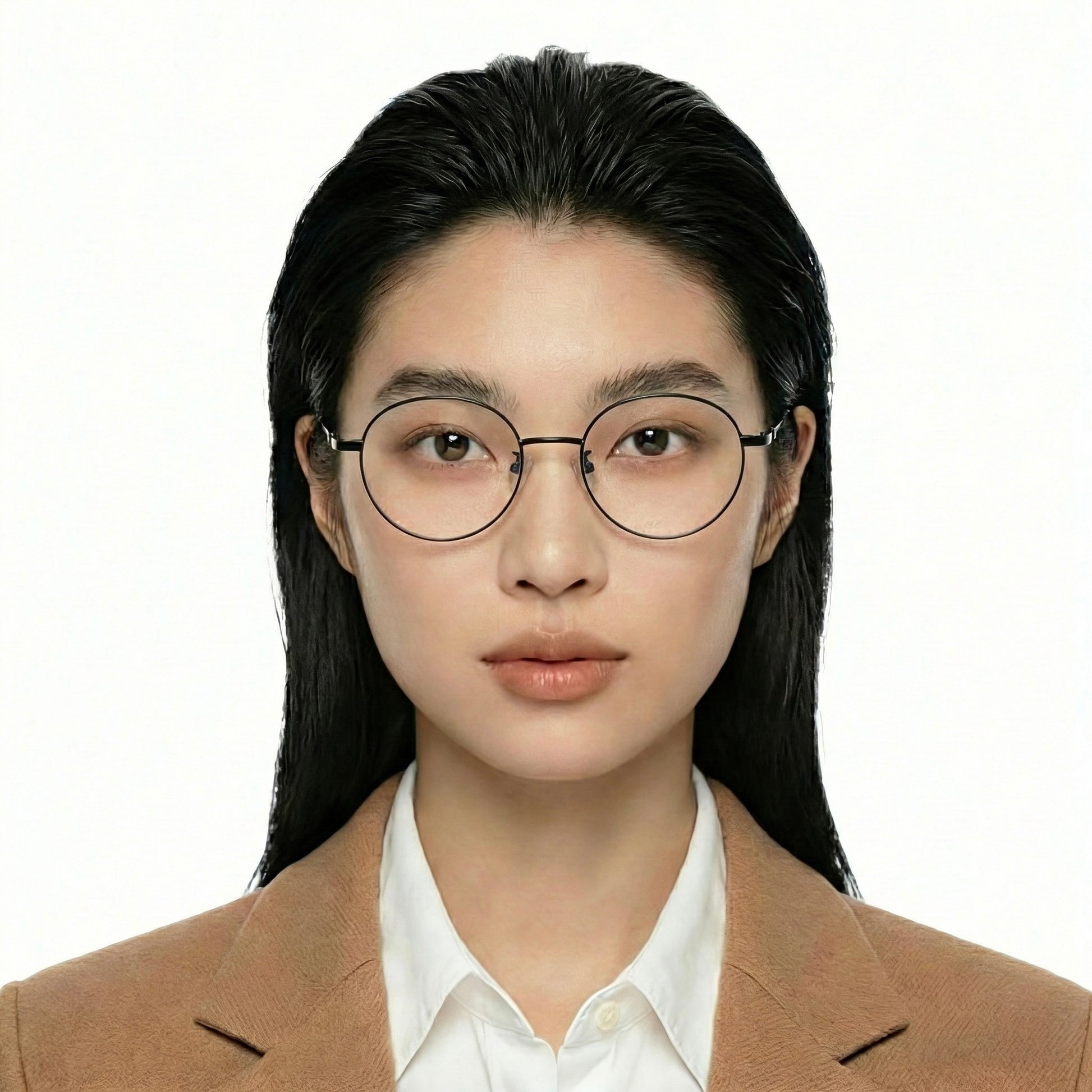 Core titanium round glasses worn by model