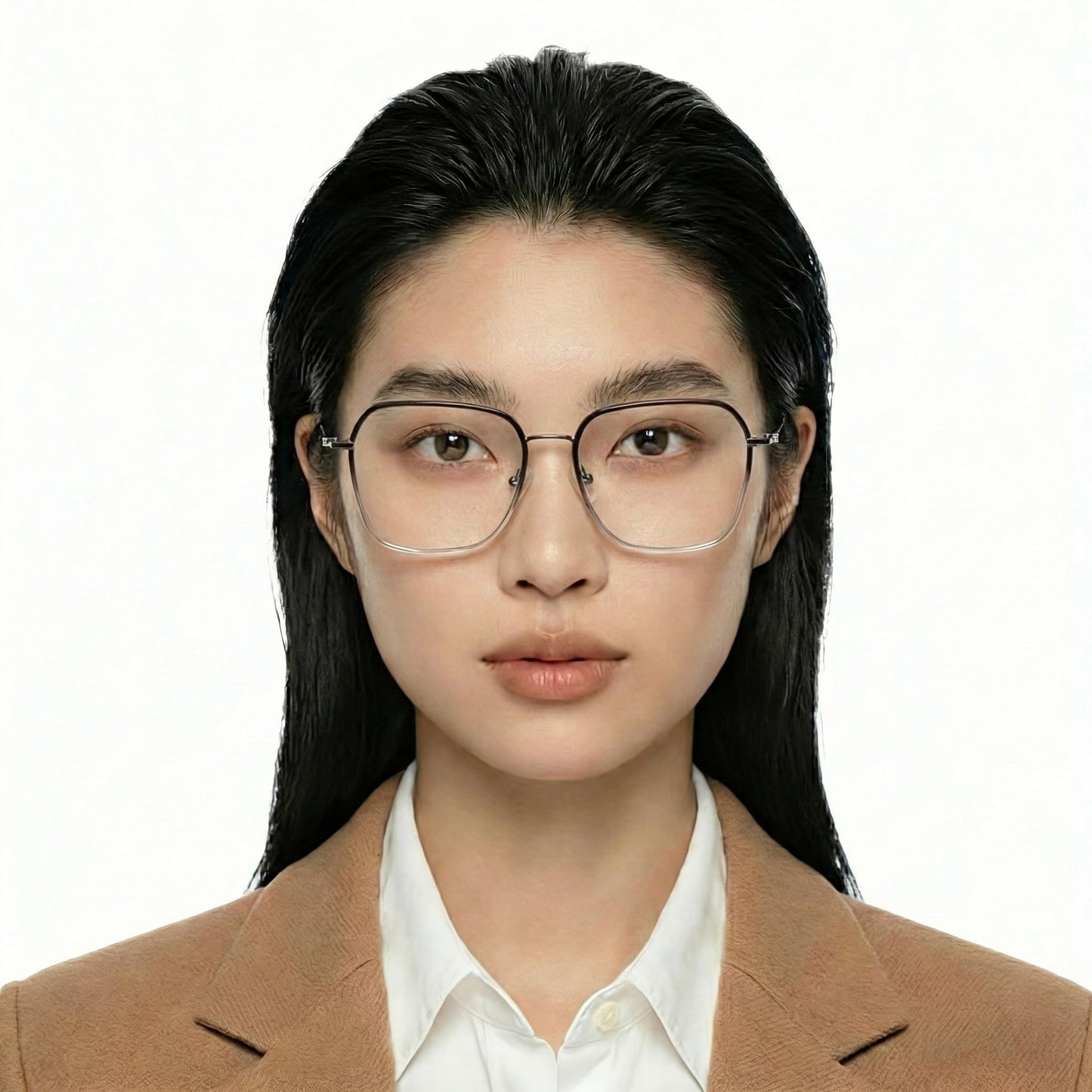 Layer titanium square glasses worn by model