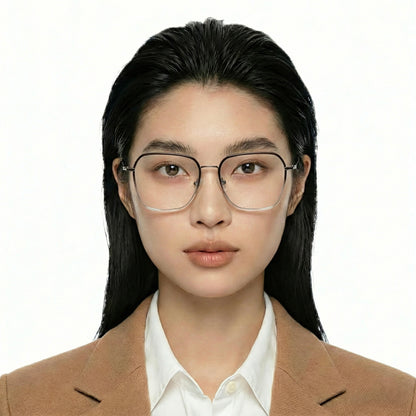 Layer titanium square glasses worn by model