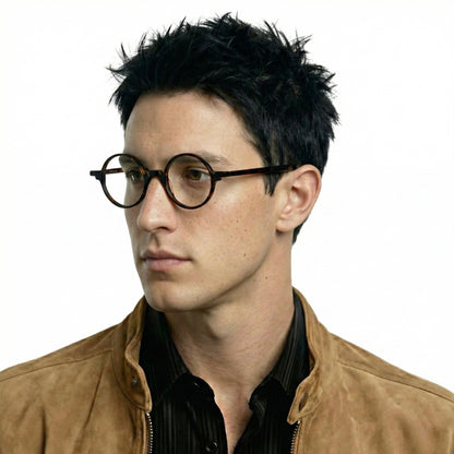 Strider acetate round glasses worn by model