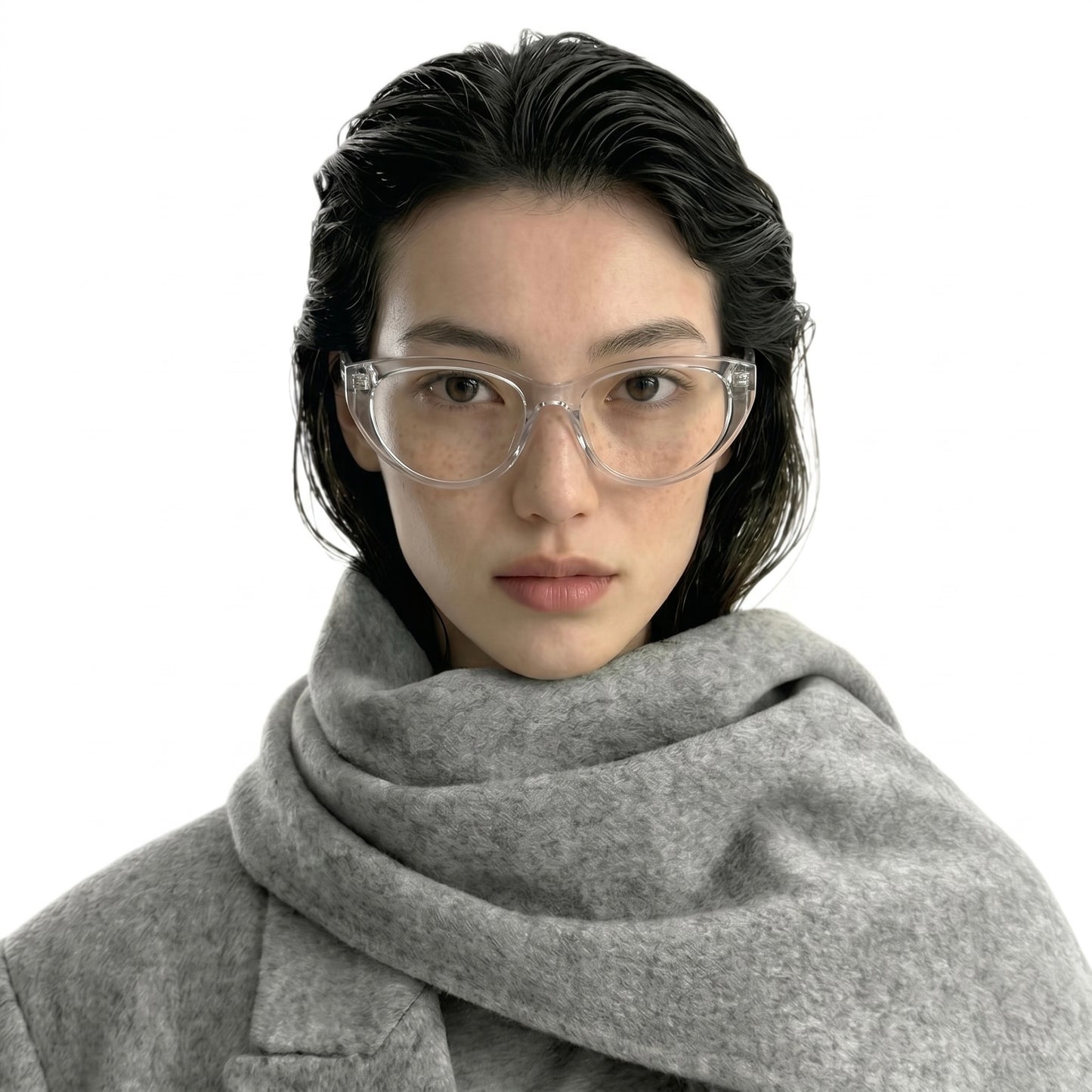 Model wearing Tone Icy Gray acetate cat-eye prescription glasses